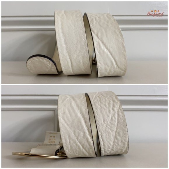 Authentic Gucci Cream Leather Gold Heart Shaped Engraved Script Logo Belt 90/36 - Picture 8 of 13